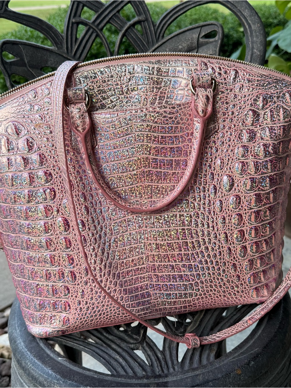 Brahmin Iridescent Pink Croc-Embossed Tote - Picture 3 of 7